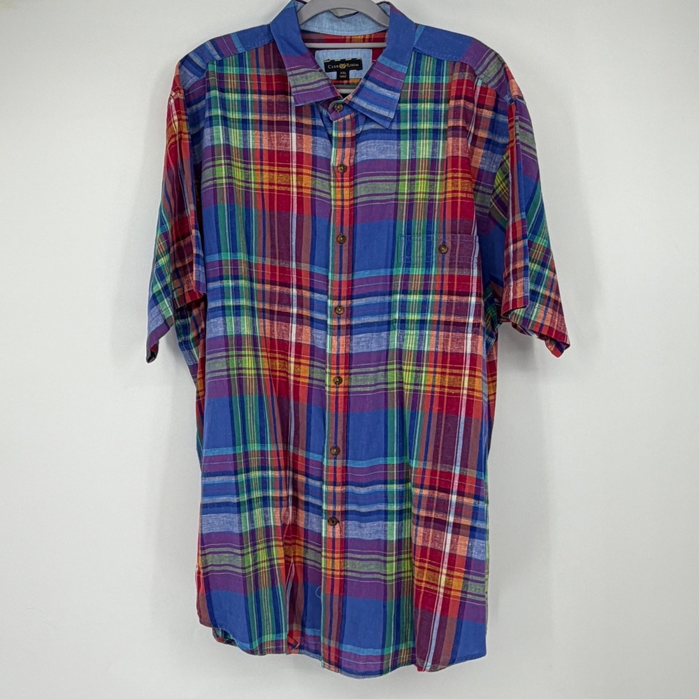 Club Room Mens XXL Madras Plaid Linen Cotton Short Sleeve Button Up Shirt
